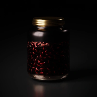Jar filled with numerous ants, swarm pattern.