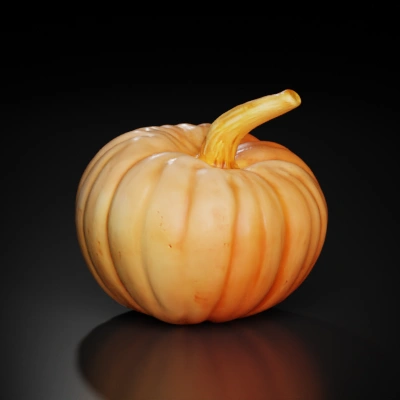 Pumpkin with stem, round shape, grooved surface.