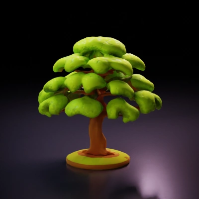 Stylized tree with lush foliage, short trunk.