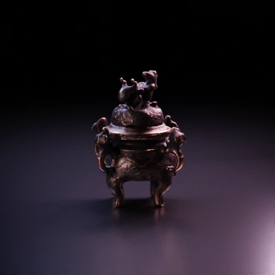 Antique ornate incense burner with intricate details, mythical creatures.