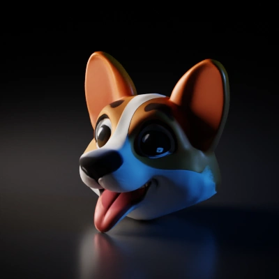 Cute cartoon dog head, big eyes, smiling.