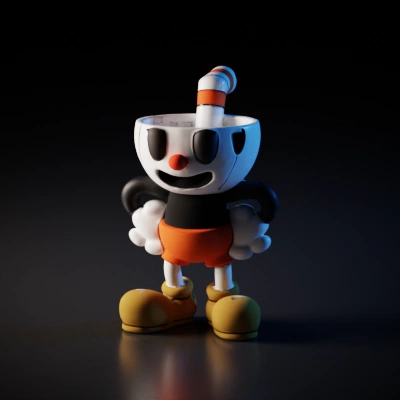 Cartoon cup character with straw, gloves, and big shoes.