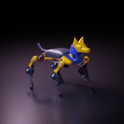 Robot dog with mechanical joints and sleek design.