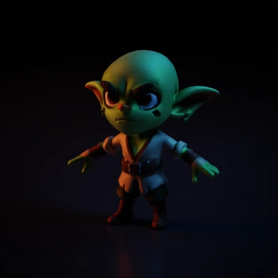 Goblin warrior, cartoon style, big ears, determined expression.