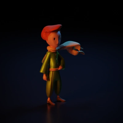 Cartoon character with scarf, green outfit.