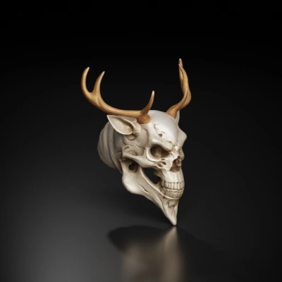 Deer skull with antlers, supernatural essence, detailed sculpt.