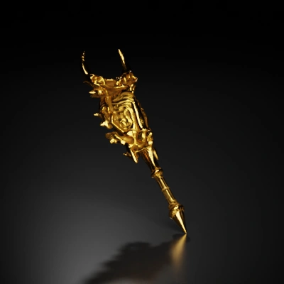 Ornate medieval weapon, intricate carvings, golden hue.
