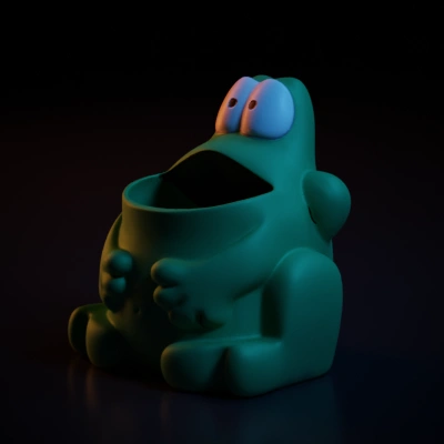 Frog-like cartoonish character bin with open mouth.