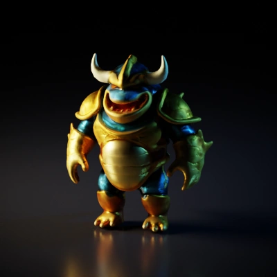 Armored creature with spikes, monstrous appearance. metal golden rust