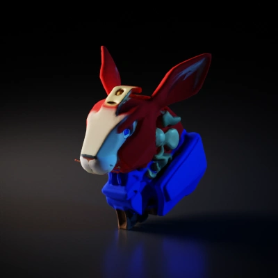 Mechanical rabbit head with intricate details.
