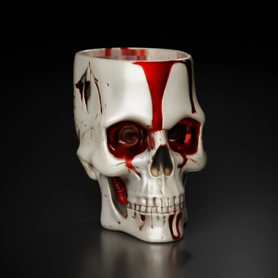 Skull-shaped mug with horror design.