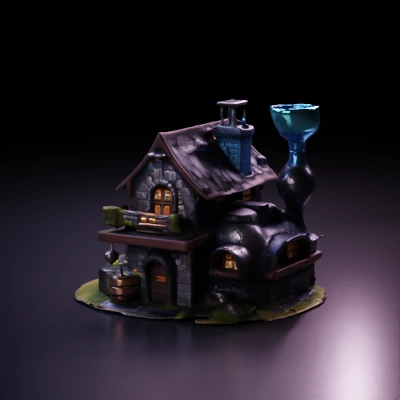 Medieval alchemy house with glowing apparatus.
