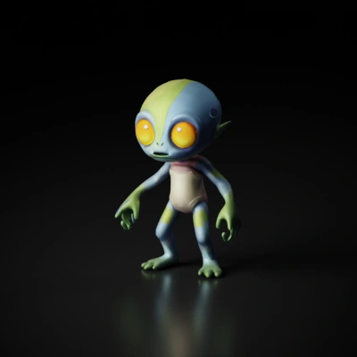 Alien character with large eyes, green limbs.