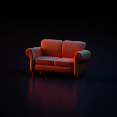 Modern two-seater couch, cushioned armrests.
