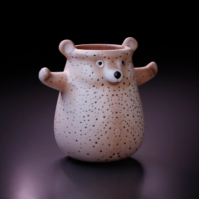 Bear-shaped container, round body with small arms and ears.