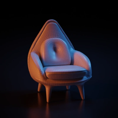 Modern chair with wooden frame and green upholstered seat.