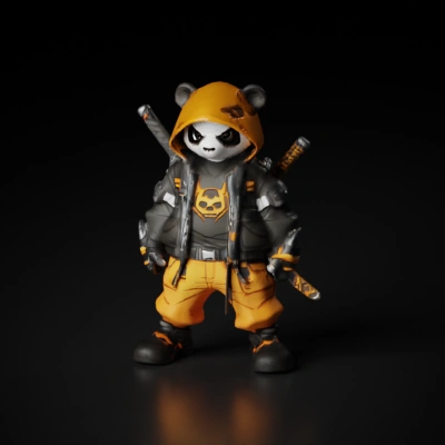 Panda in tactical gear, cartoonish appearance, dual swords.