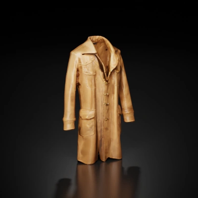 weathered Leather trench coat, long design, multiple pockets.