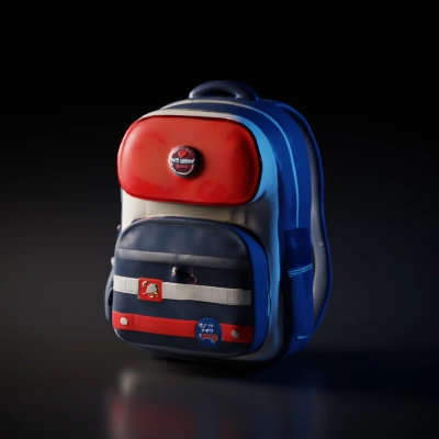 School backpack with multiple compartments and patches.