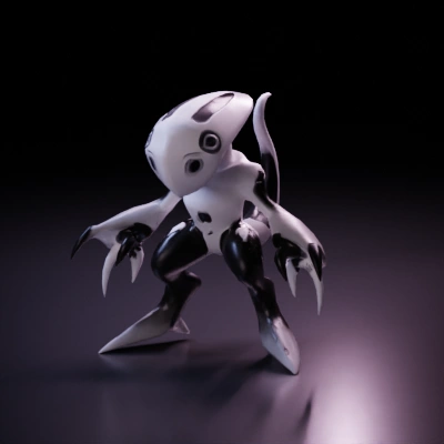 Robot character with large claws, tail, sci-fi design.
