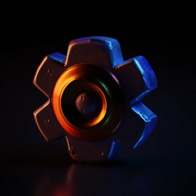 Stylized gear icon, circular center, cartoonish design.