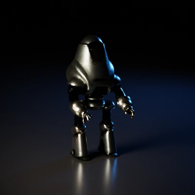 Retro-futuristic robot with humanoid torso, artillery arms.