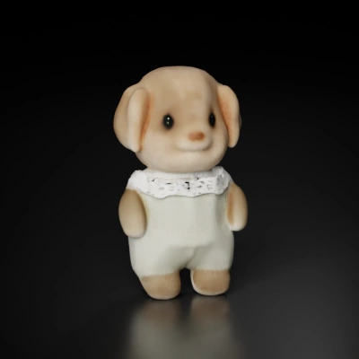 Stuffed animal dog with laced collar.