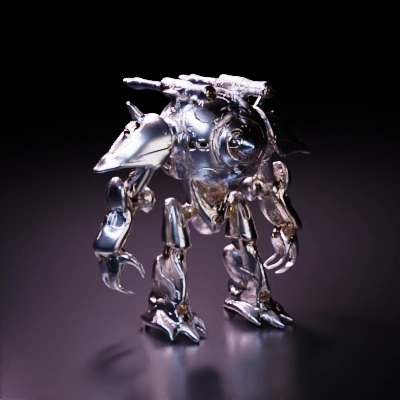 Battle-ready mech, intricate design, four legs with weapons, warhammer,.  a realistic American comic style