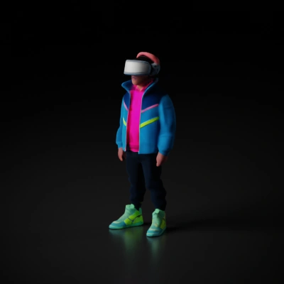 Kid with VR headset, modern attire.