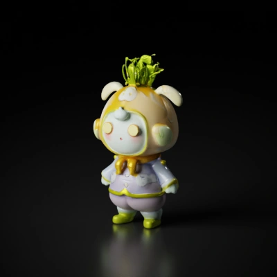 Cute cartoon character with plant on head.