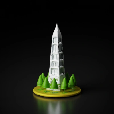 Tall triangular building with windows, surrounded by trees.