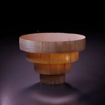 "Create a realistic 3D model of a tiered hanging lamp with a warm, natural aesthetic. the lamp consists of multiple stacked cylindrical layers, decreasing in size as they descend, forming a cascading effect, each layer is wrapped in a fine-textured woven fiber, possibly resembling jute or natural linen, allowing soft light to filter through, the structure is suspended by thin cords attached to a metal ring at the top, the lamp emits a warm, ambient glow, with the inner light source subtly diffused by the woven material, the model should include realistic material properties, with slightly frayed fiber edges and a handcrafted look, lighting should emphasize the organic texture and the layered depth of the lamp, "