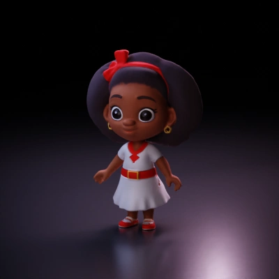 Cartoon-style girl with red headband and dress.