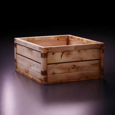 Wooden crate with open top, square shape.