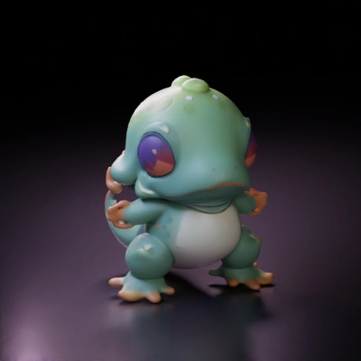 Cute dinosaur-like creature with big eyes and tiny arms.