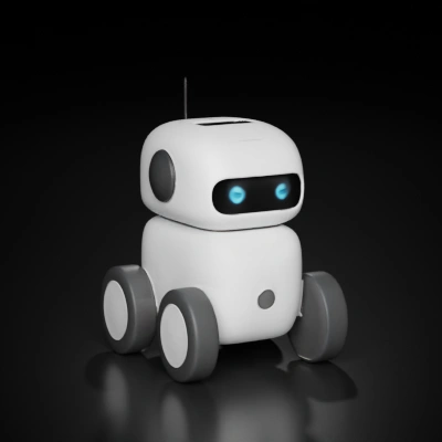 Small white robot with wheels and antenna.