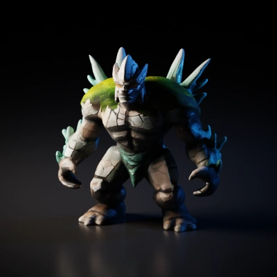Stone golem, muscular, crystal spikes, moss-covered.