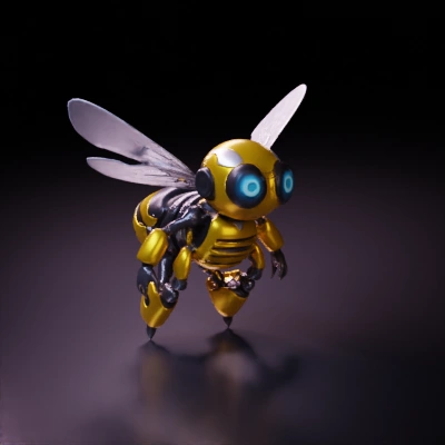 Robot bee with mechanical wings, futuristic design.