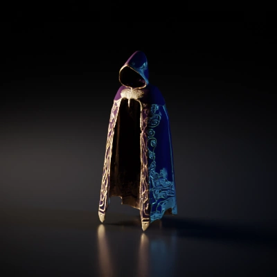 Mystical cloak with intricate patterns and hood.