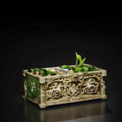 Ornate treasure chest with aquatic scene inside. scene,