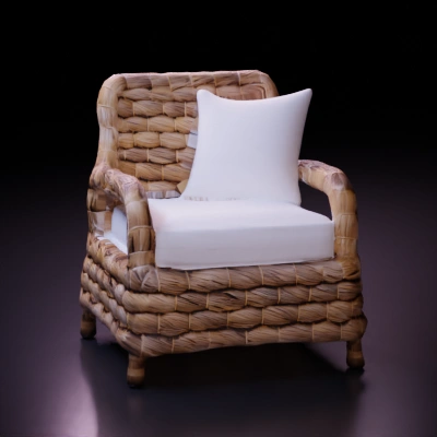 Chair with woven design, white cushions.