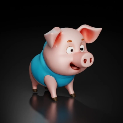 Cartoon pig wearing blue tank top, friendly expression.
