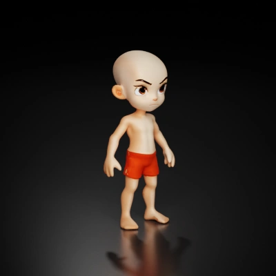 Bald cartoon-styled boy character, big eyes.