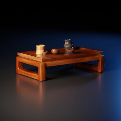 Traditional wooden tea table with teapot, cups, tray.