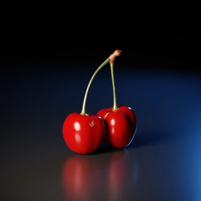 Connected cherries, glossy and fresh.