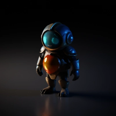 Cartoonish humanoid robot with glowing eyes and chest.