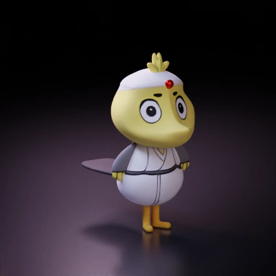 Cartoon bird character in martial arts attire.