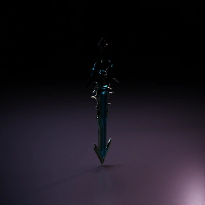 Ornate sword with wing-like embellishments, gemstone centerpiece.