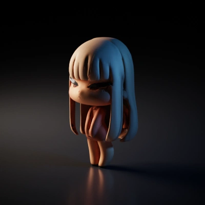 Chibi anime character, big head, long hair.