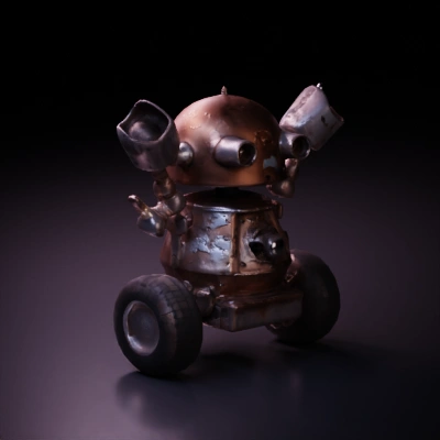 Rusty, endearing robot with wheeled base, arms with tools.